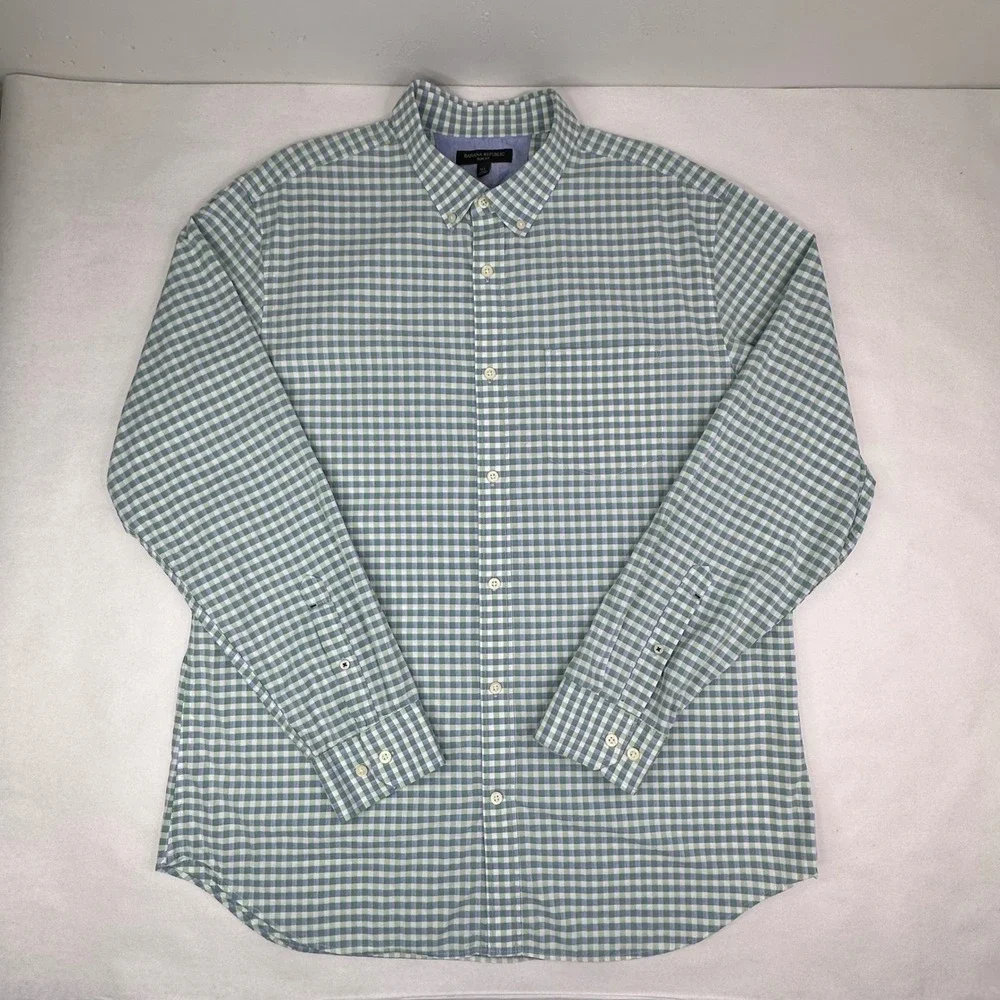 Banana Republic Mens XL Slim Fit Gingham Button Down Shirt‎ Green White Cotton